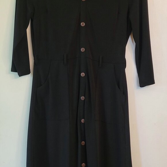 Monteau | Black V-Neck Faux Button A Line Midi Dress | L - Picture 3 of 10